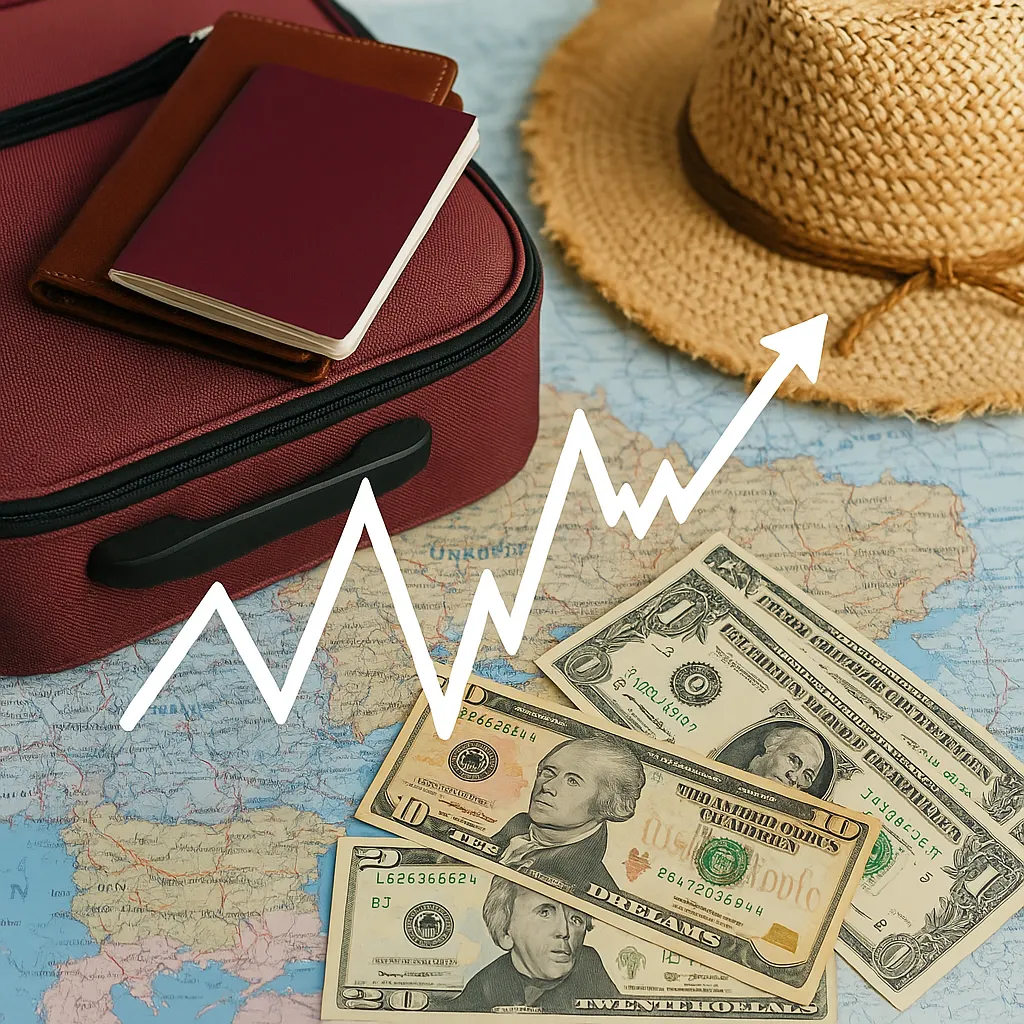 환율-변동이-여행-준비와-예산에-영향을-미치는-모습을-여행가방-돈-지도로-표현한-이미지