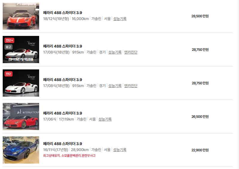 페라리 488 중고차 가격 시세표 유지비