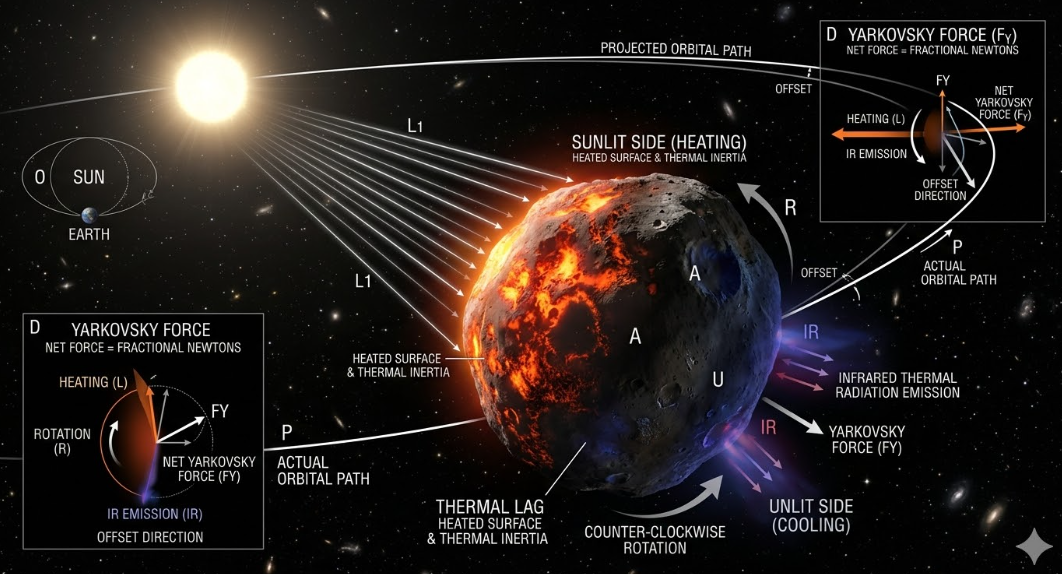 야르코프스키 효과 원리 &mdash; 소행성 표면에서 열복사가 비대칭으로 방출되어 궤도가 서서히 변화하는 과학적 메커니즘 일러스트