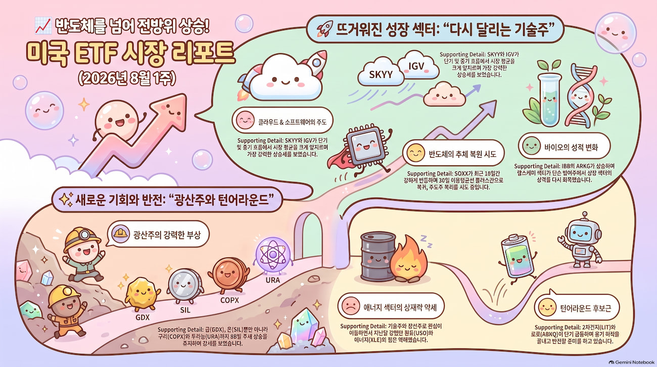미국 ETF 흐름을 분석한 결과 기술주가 반등하며 클라우드&middot;소프트웨어&middot;바이오&middot;광산까지 상승이 확산됐습니다. 반도체는 중기 추세 회복을 시도하고 있으며 2차전지&middot;재생에너지도 턴어라운드 가능성을 보이고 있습니다.
