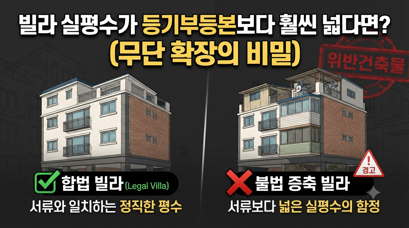 건축물대장 서류와 실제보다 넓어 보이는 빌라 거실을 비교한 이미지, 위반건축물 표시 강조