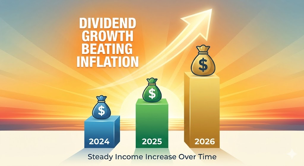 해가 지날수록 배당금 주머니가 점점 커지는 모습을 표현한 상승 그래프 이미지. '물가 상승을 이기는 배당 성장'이라는 문구 강조