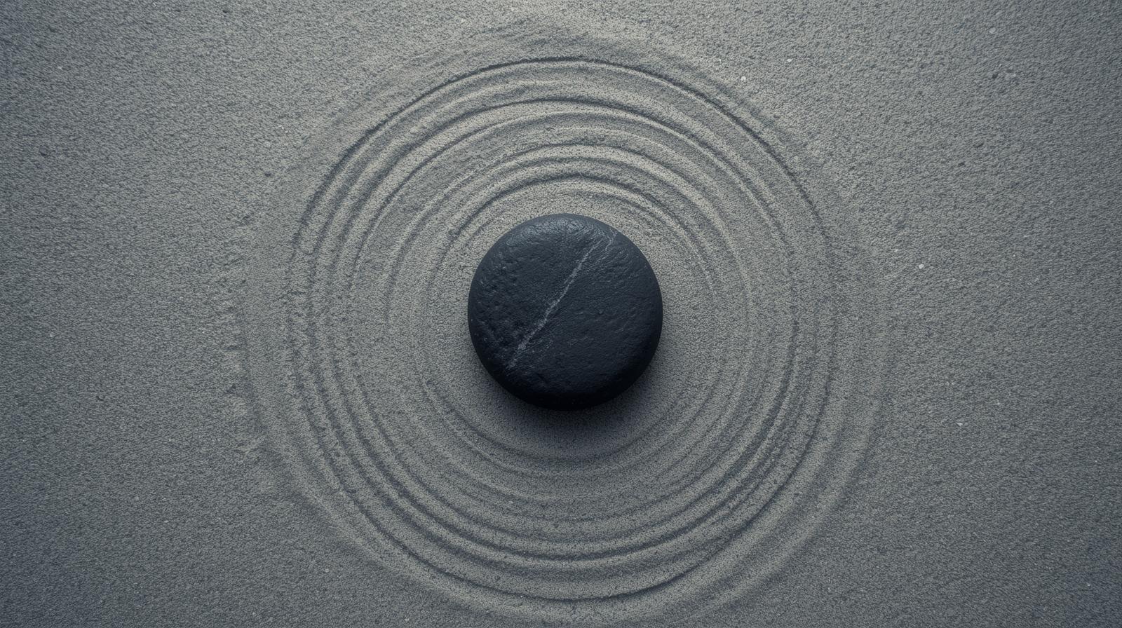 부드러운 질감의 검은색 원형 돌이 고운 모래 위에 놓여 있고, 그 주변으로 정교하고 일정한 동심원 모양의 파문이 퍼져 나가는 미니멀한 젠(Zen) 스타일 사진. 인공지능의 효율적인 자동화와 그로 인해 얻게 되는 시간적 자유 및 평온함을 상징함.