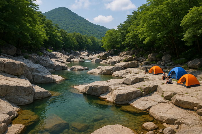 계곡에서 캠핑 하는 사진