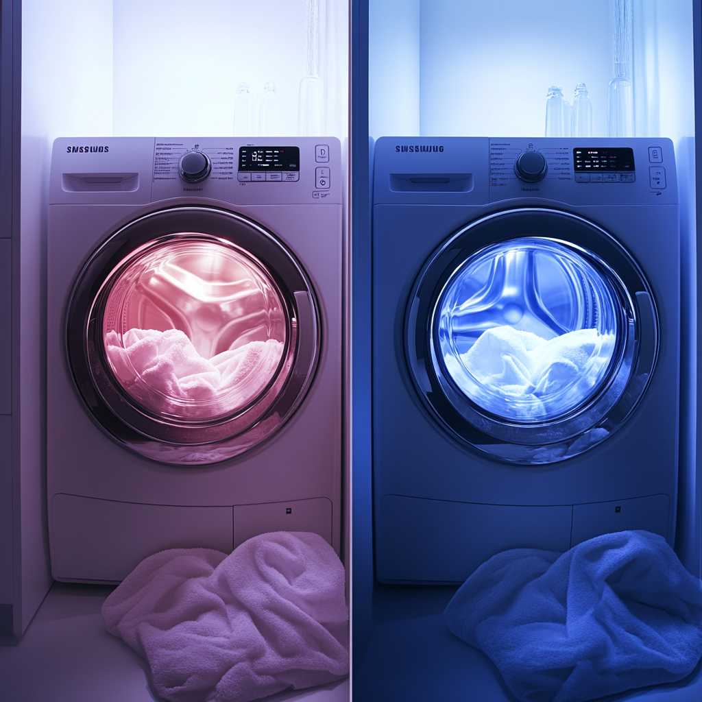 삼성 세탁기의 에코버블 기술과 전통적인 디자인을 나란히 비교한 이미지입니다. 생동감 있는 LED 디스플레이와 직관적인 컨트롤을 강조한 대비가 눈에 띄며, 명료한 조명 하에 촬영된 이미지입니다.