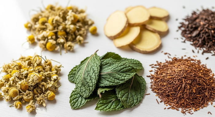 캐모마일 꽃, 페퍼민트 잎, 생강 조각 등 다양한 종류의 말린 허브티 재료들이 정갈하게 놓여 있는 모습