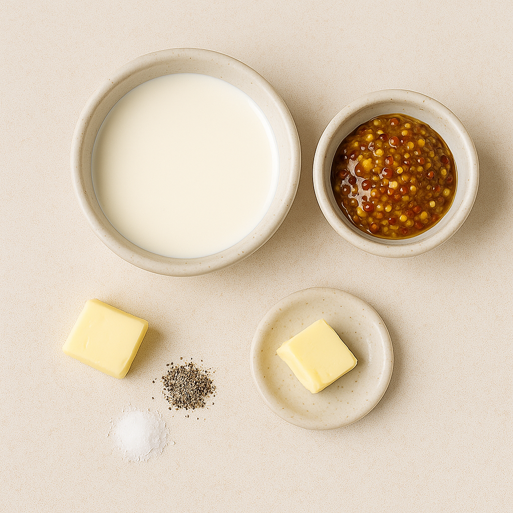 생크림 1/3컵, 홀그레인 머스터드 1큰술, 버터 1작은술, 소금, 후추