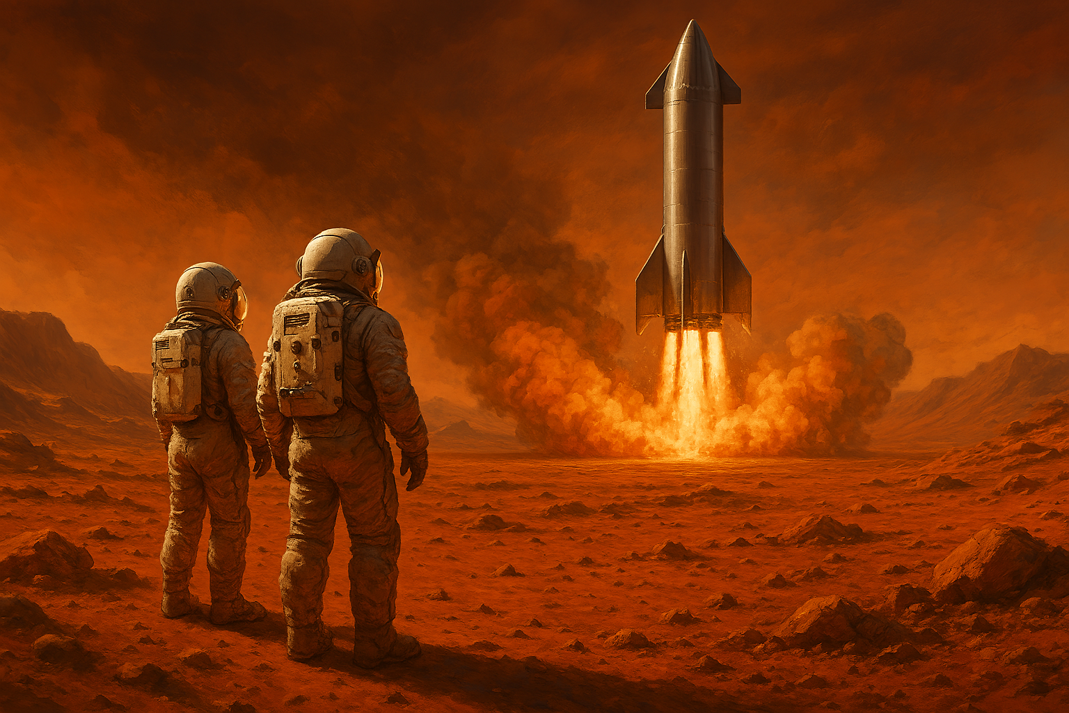 화성 지표면에서 스타십 발사 장면을 지켜보는 우주비행사 두 명