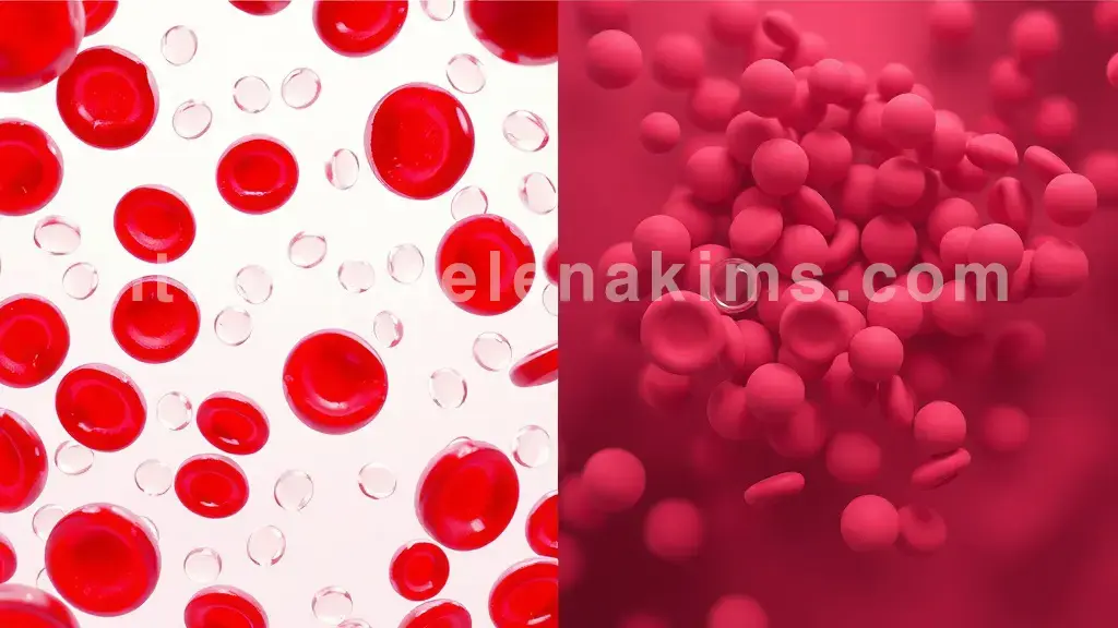 왼쪽에는 선명하고 균일한 적혈구, 백혈구, 혈소판이 조화롭게 흐르는 건강한 혈액을 표현하고, 오른쪽에는 응집되거나 형태가 변형되어 탁하게 보이는 비정상적인 혈액 성분들을 배치하여 혈액 혼탁의 의학적 의미를 시각화한 이미지.