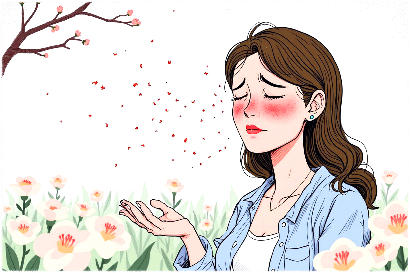 봄철 꽃가루, 황사, 미세먼지로 예민한 피부를 묘사하는 이미지