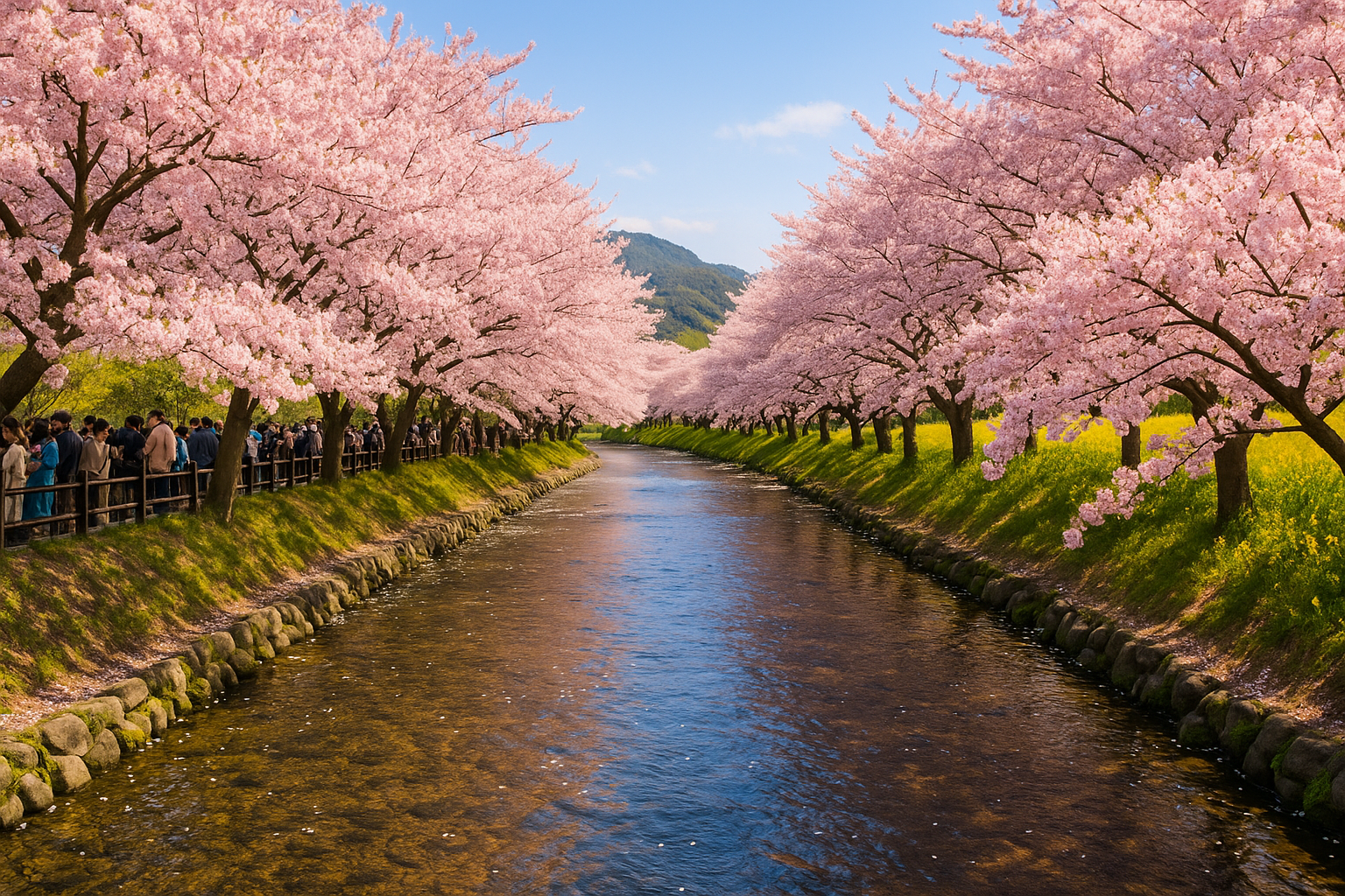 맑은 봄날, 해가 쨍하게 비추는 가운데 중앙에는 맑은 강이 수평으로 길게 흐르고 있고, 물 위로 하늘빛과 주변 풍경이 은은하게 반사되고 있다. 강 양옆으로는 초록색 둑이 자연스럽게 경사를 이루며 이어지고 있으며, 그 위에는 연분홍빛 벚꽃나무들이 일렬로 빽빽하게 줄지어 서 있다. 벚꽃은 만개한 상태로 가지가 강 쪽으로 늘어져 있고 꽃잎 일부는 물 위로 흩날리고 있다. 왼쪽 둑길에는 사람들이 줄지어 걷고 있으며, 길 옆에는 낮은 목재 울타리가 설치되어 있다. 오른쪽 둑은 사람 없이 조용한 분위기로, 벚꽃과 풀밭만이 조화를 이루고 있다. 배경에는 낮은 초록빛 산이 보이고, 하늘은 구름 한 점 없이 맑고 푸르다. 전반적으로 따뜻하고 평화로운 분위기이며, 현실적인 디지털 포토 스타일로 묘사된다. 시점은 강 중앙에서 수평 방향으로 정면을 바라보는 구도의 사진