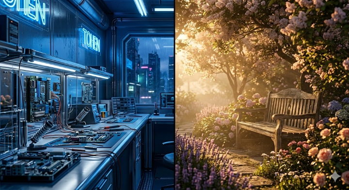 차가운 네온 사인의 복수전자 간판과 안개 자욱한 안락정원의 입구가 대비되는 모습