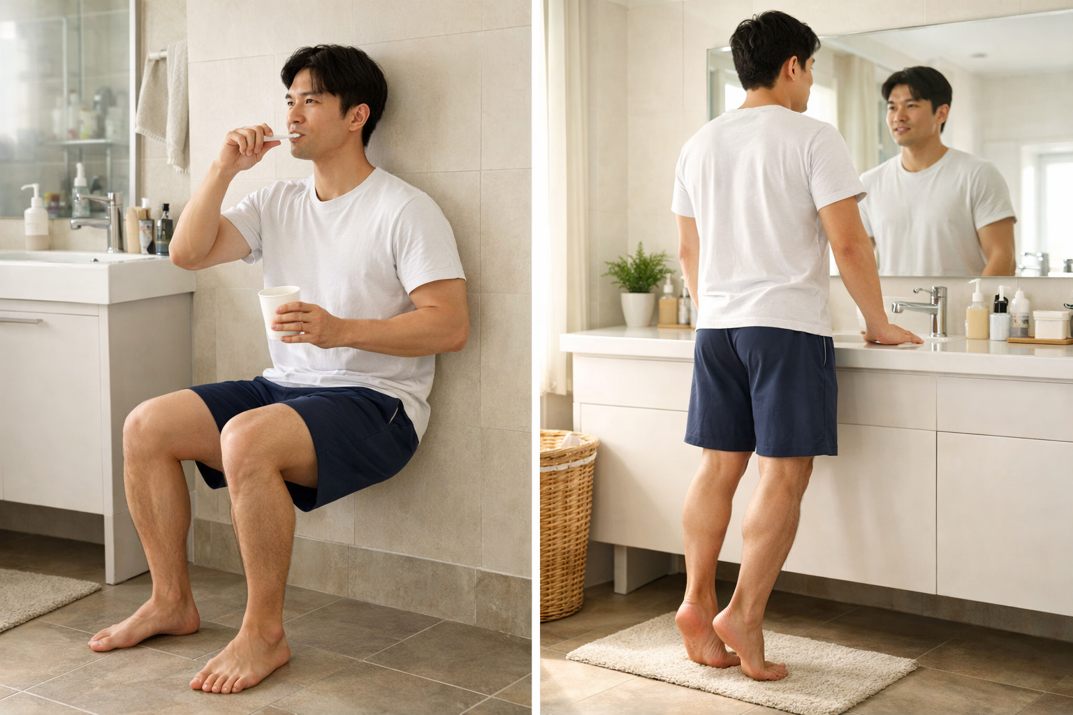 양치질 중 벽 스쿼트 하기, 발뒤꿈치 들어서 종아리 자극 주기