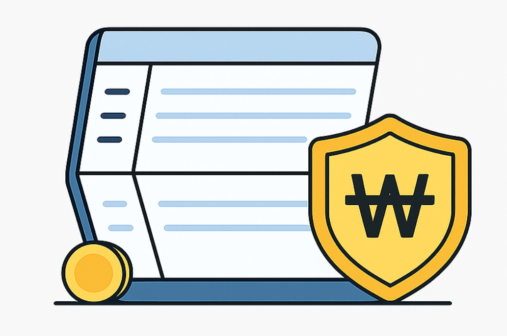 통장과 원화 기호가 새겨진 금색 보호 방패 아이콘 일러스트