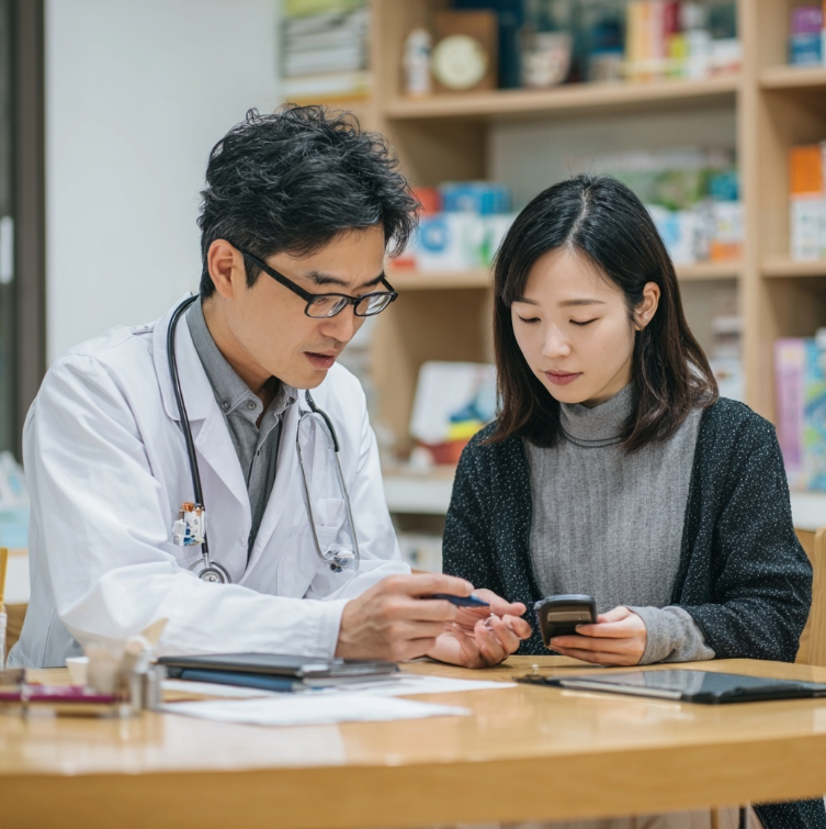 의사와 상담하는 당뇨초기 여성