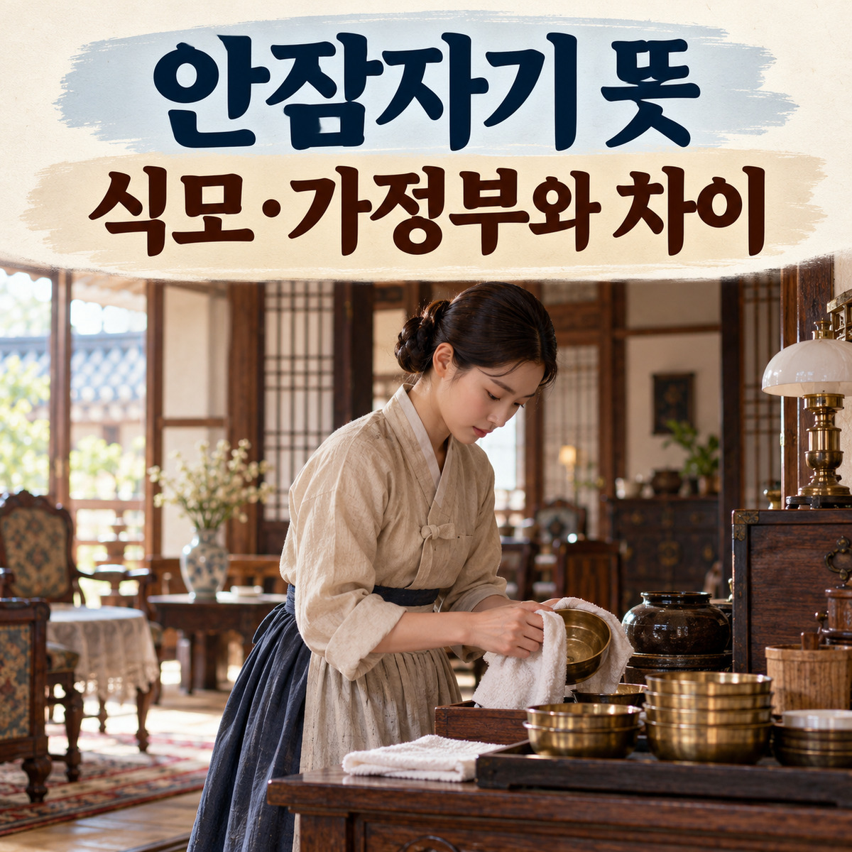 옛 주택에서 놋그릇을 닦는 여성과 안잠자기 뜻, 식모·가정부와 차이라는 문구가 보이는 대표 이미지