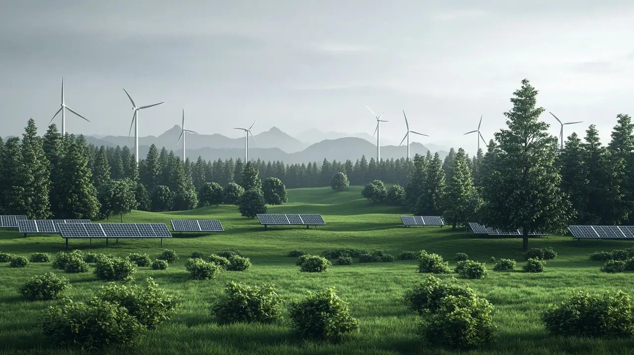 태양광 패널과 풍력 터빈이 있는 푸른 풍경은 재생 에너지로의 전환을 상징하며 환경 보호의 중요성을 담고 있습니다.