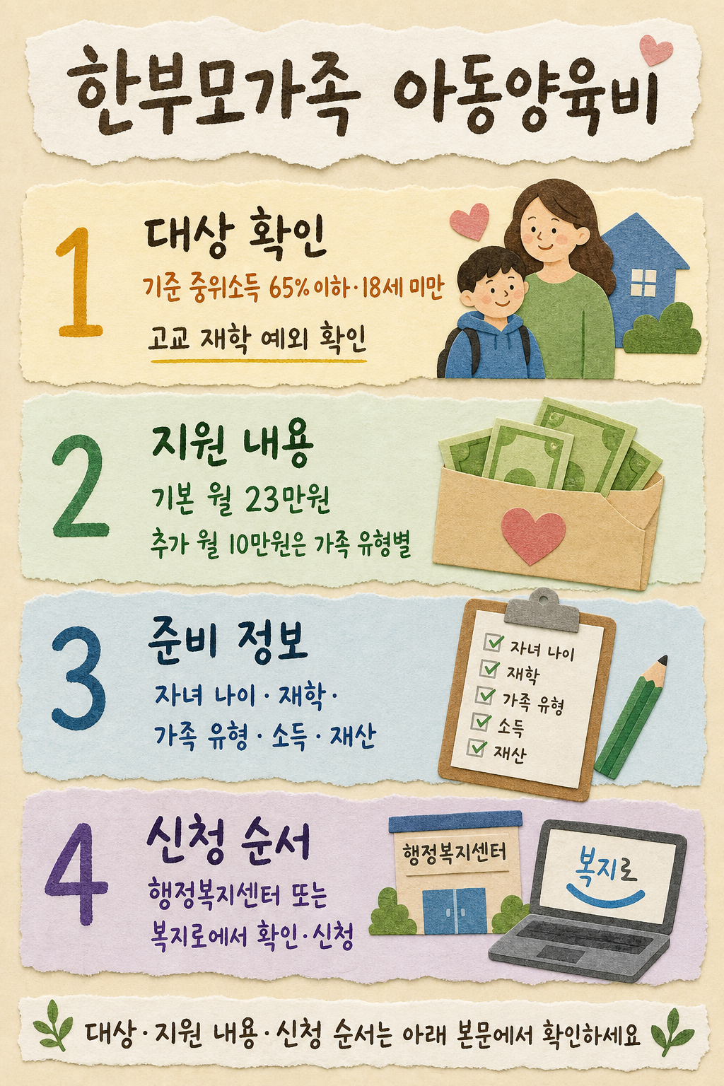 한부모가족 아동양육비 신청을 위해 온라인 안내와 준비 서류를 확인하는 보호자