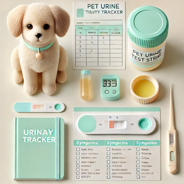 하얀 배경 위에 반려견 소변 건강 체크용 테스트 스트립, 샘플통, 디지털 건강 노트, 증상 체크 카드가 정돈된 스튜디오컷 이미지