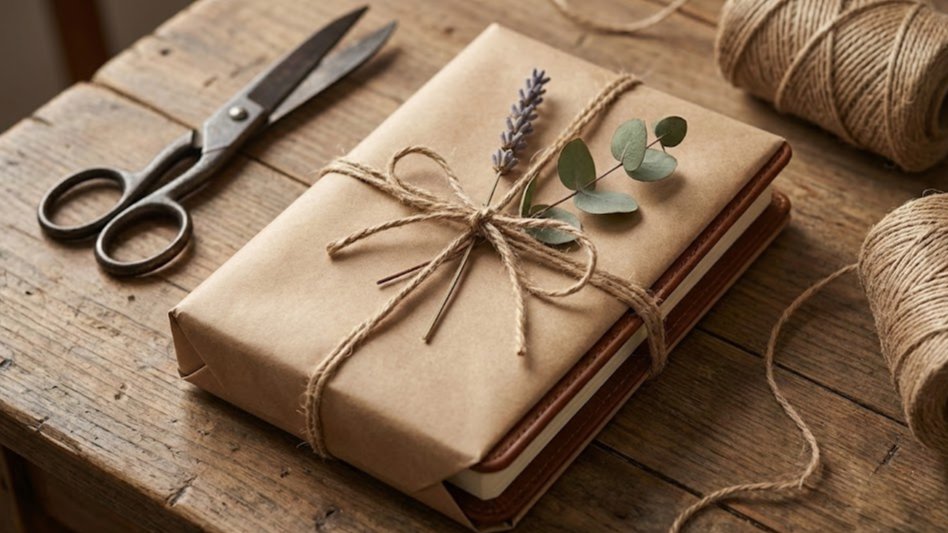 크라프트지와 드라이플라워로 감성적으로 포장된 다이어리 선물