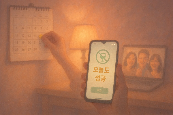 금주 성공을 기록하며 가족과 함께 기뻐하는 장면