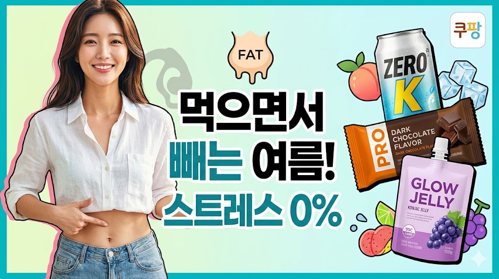 A summer diet blog thumbnail image featuring a smiling woman in a white shirt pointing at her slim waist. On her right, illustrations of a zero-calorie soda can, a chocolate-flavored protein bar, and a grape-flavored konjac jelly pouch are displayed. The center includes the text "Eat Smart, Lose Weight: 100% Stress-Free Summer Diet Routine," and the Coupang logo is placed in the top right corner.