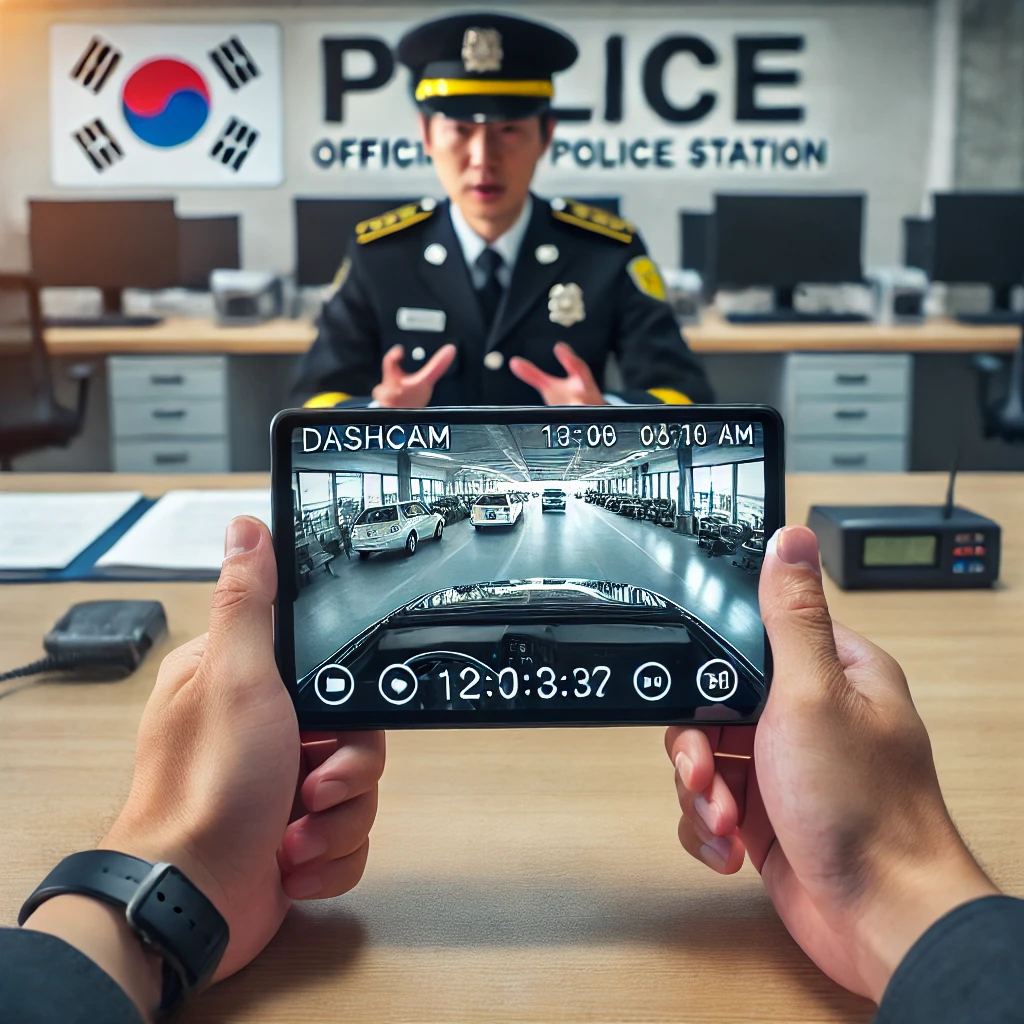 경찰서에서 블랙박스 영상을 보여주는 시민과 경찰