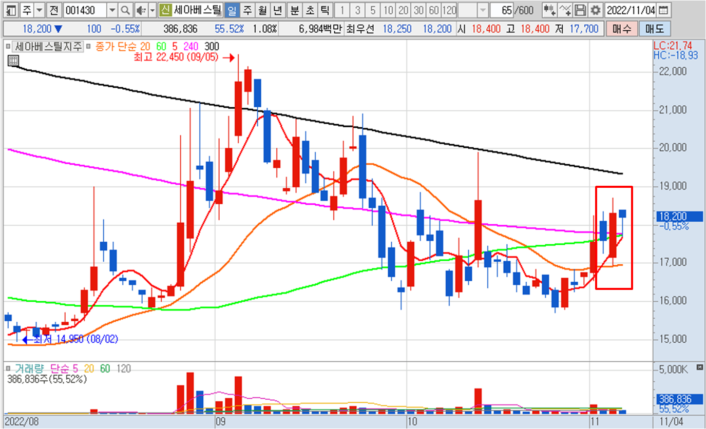 세아베스틸지주 일봉 차트