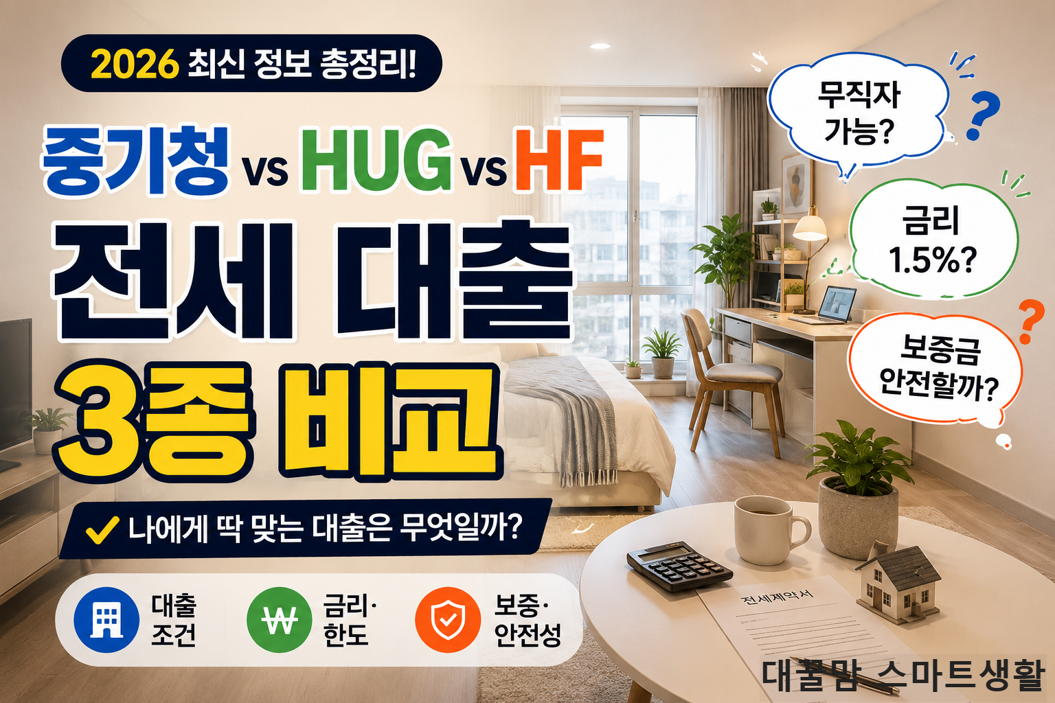 세련된 원룸 배경 위 중기청 HUG HF 전세대출 비교 문구가 강조된 장면