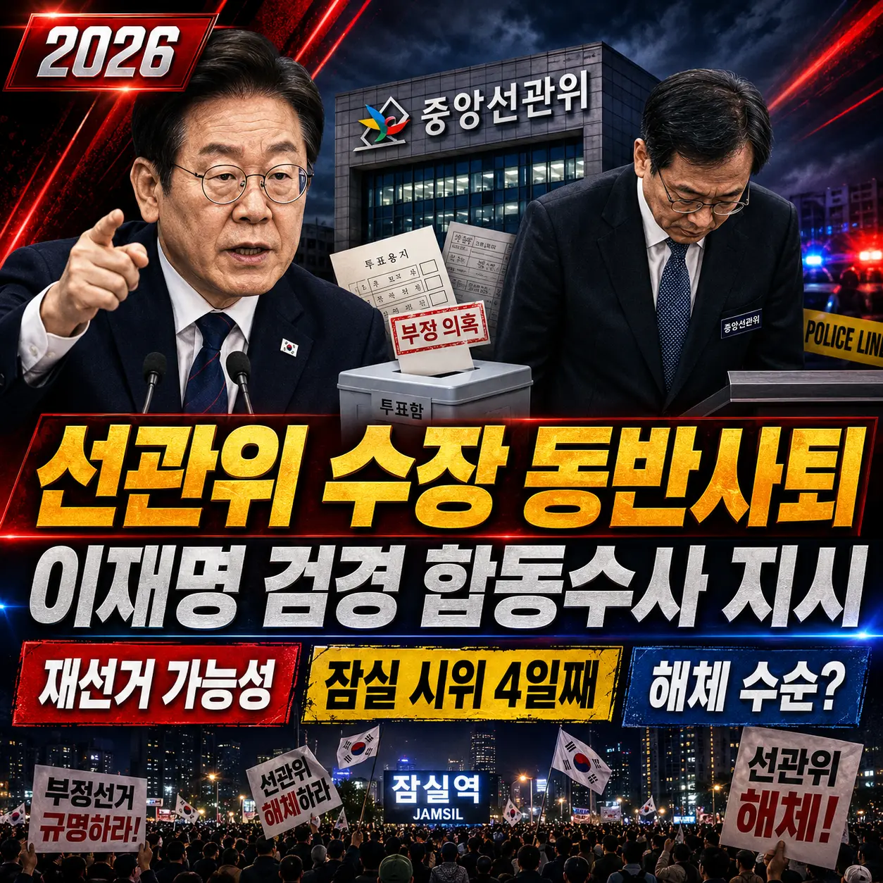 선관위 수장 동반사퇴·이재명 검경 합동수사 지시 — 재선거 가능성·잠실 시위 4일째·선관위 해체 수순 총정리 2026