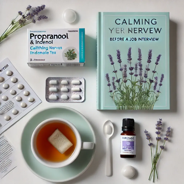 인데놀 약과 자연요법 소품들이 놓인 평면 사진