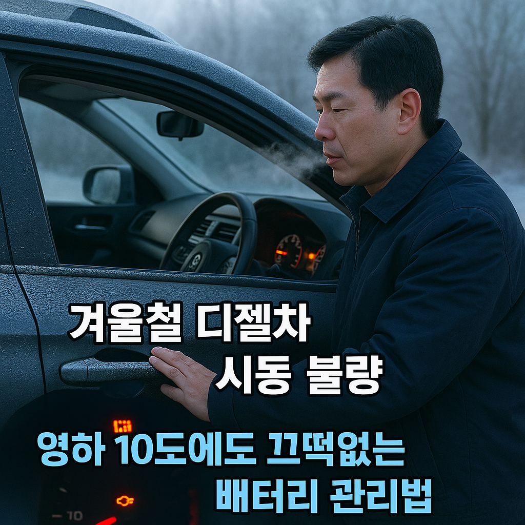 겨울 새벽 디젤 SUV 시동을 걸려고 하는 남성 운전자