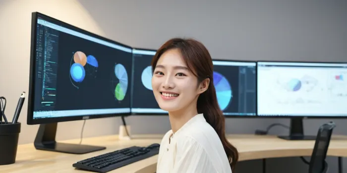 두 화면을 활용해 그래픽 작업을 진행하며 만족스러워하는 장면