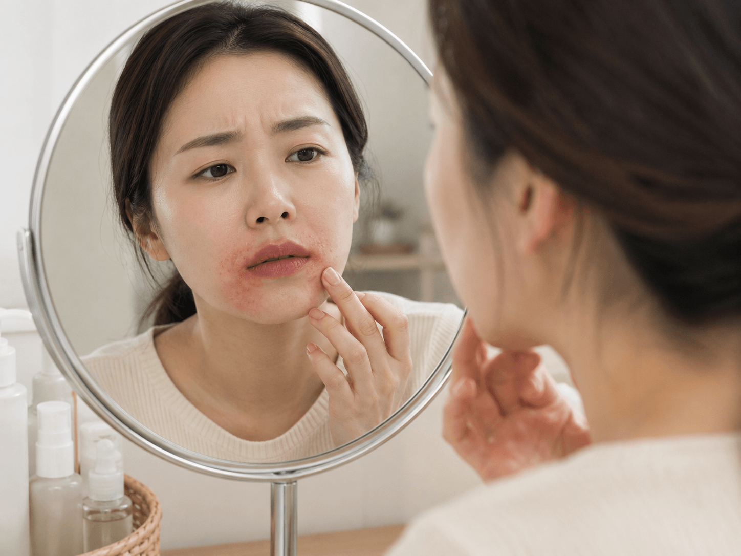 입 주변에 붉은 발진이 생겨 거울을 보는 모습