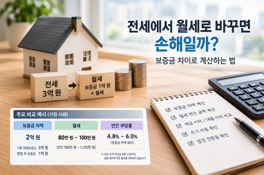 전세보증금 3억 원에서 보증금 1억 원으로 변경할 때 차액 2억 원과 월세 부담을 비교하는 계산 안내
제목텍스트: 전세에서 월세로 바꾸면 손해일까? 보증금 차이로 계산하는 법