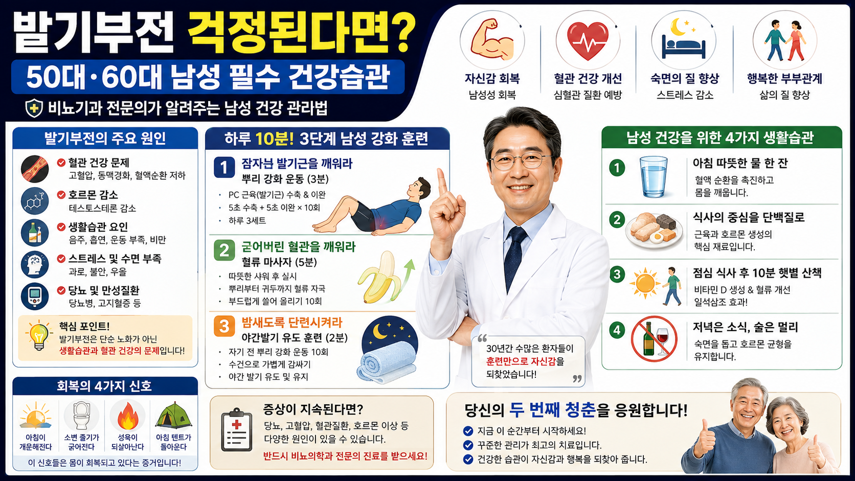 발기부전이 걱정되는 50대 60대 남성을 위한 혈관 건강, 생활습관, 운동, 수면, 단백질 섭취와 비뇨의학과 진료 필요성을 정리한 남성 건강 인포그래픽