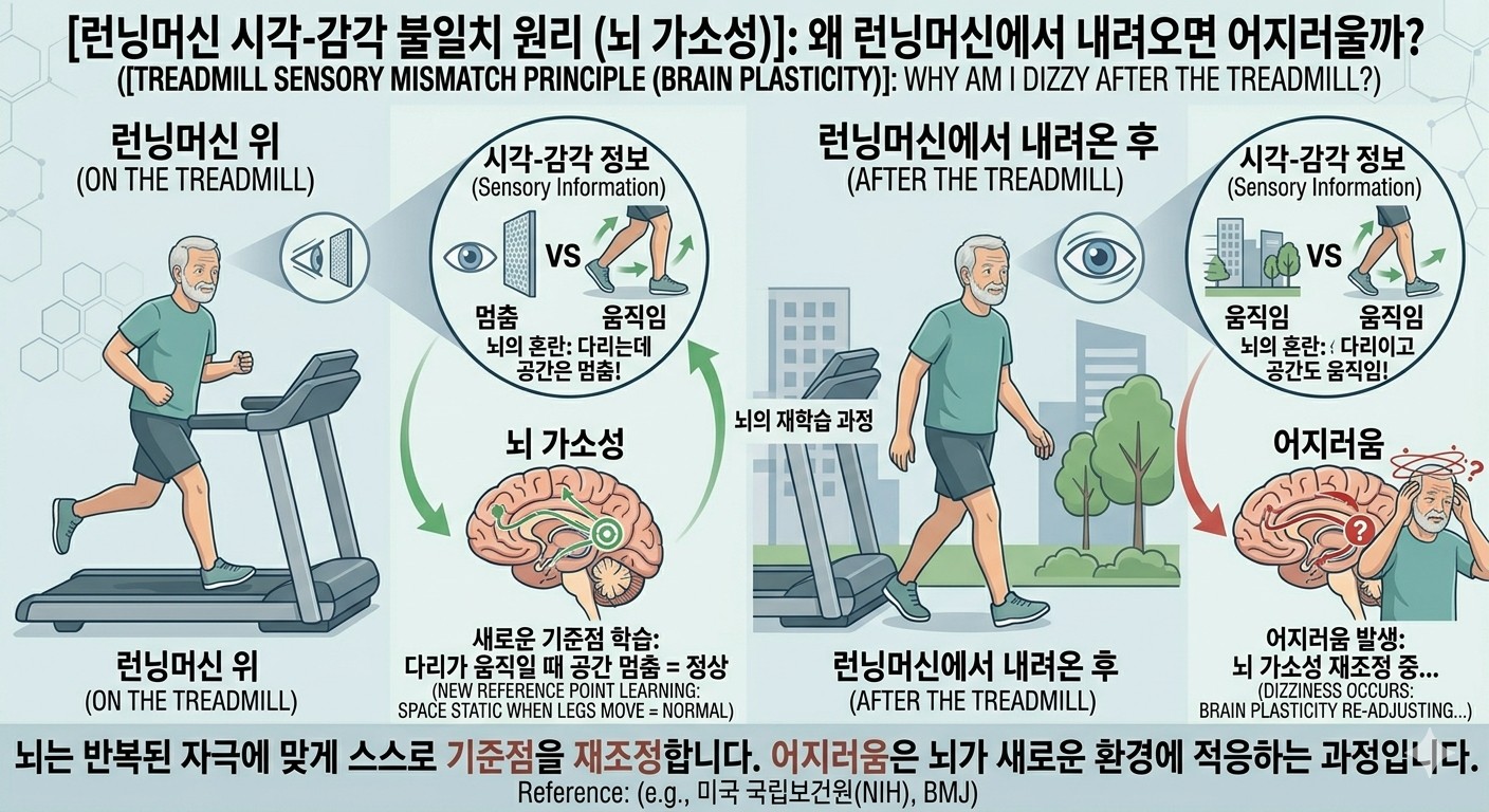 [런닝머신 시각-감각 불일치 원리 (뇌 가소성)]: 런닝머신 위에서 시각 정보와 신체 감각의 불일치로 인해 뇌가 겪는 혼란과, 내려왔을 때 어지러움을 느끼는 원리를 보여주는 도식
이미지출처: Gemini AI 생성
