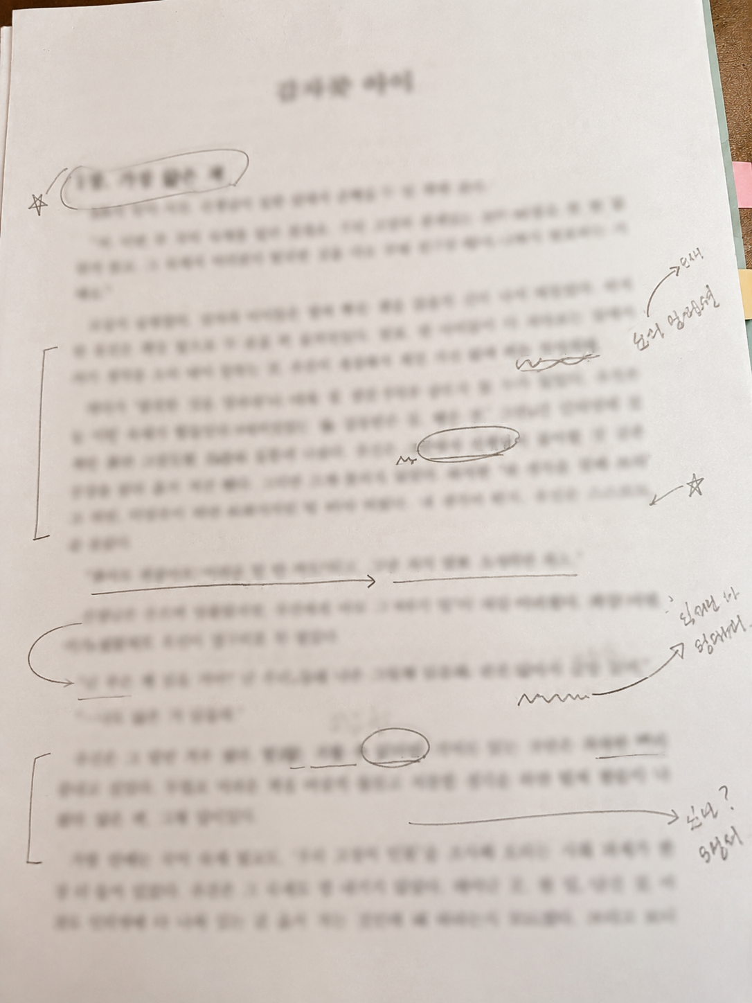 문장을 지우고 고쳐 쓴 흔적이 남아 있는 동화 원고