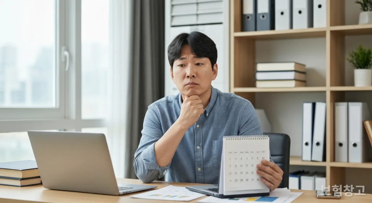 재택근무 중인 한국인 남성이 노트북과 서류를 보며 재정 상황을 고민하는 모습