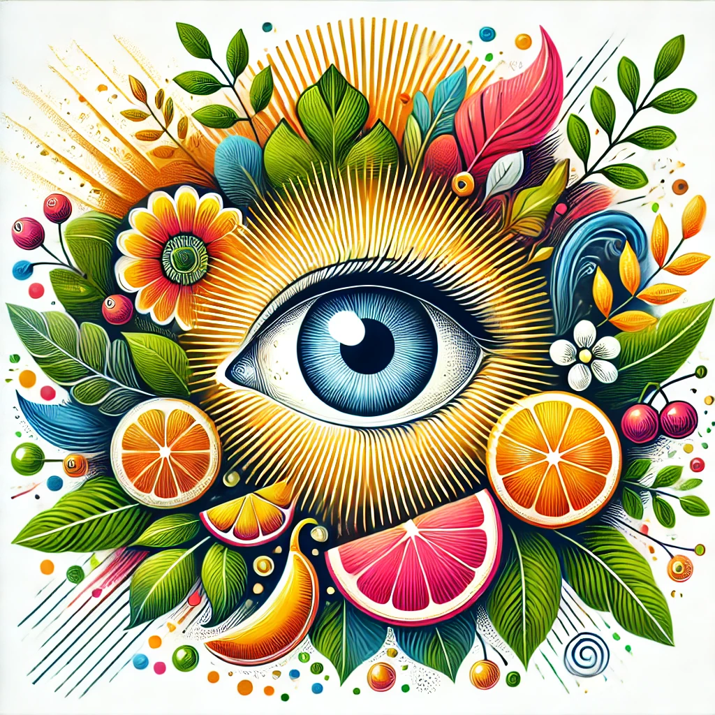 비타민A를 먹은 건강한 눈 주위로 건강한 삶을 의미하는 비타민 과일 등의 이미지