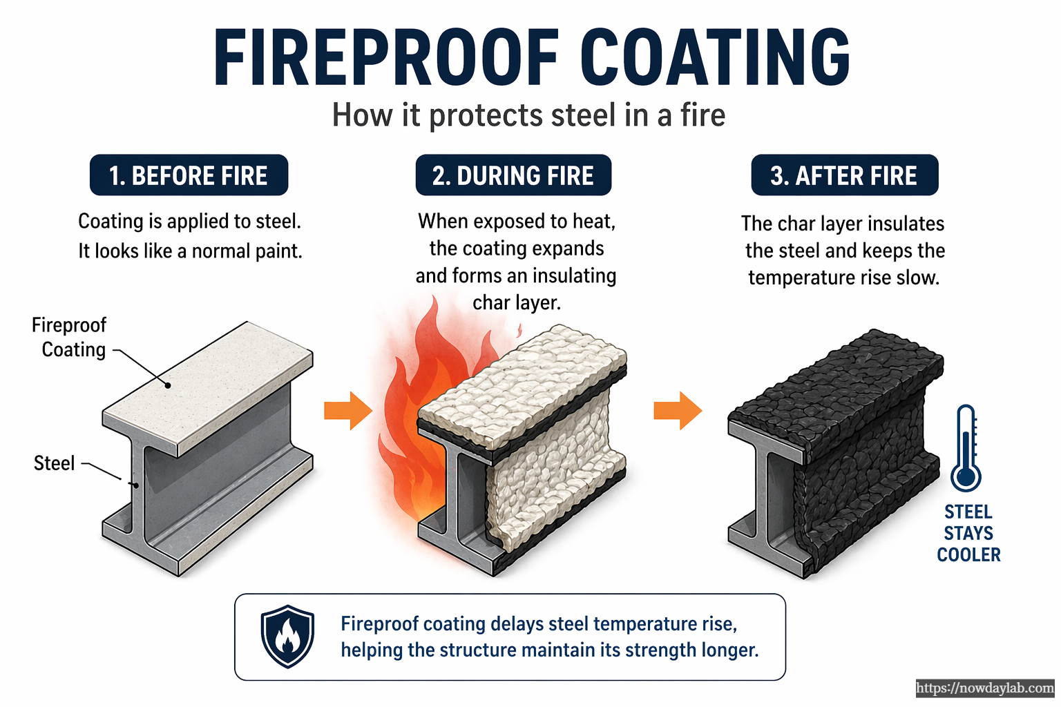 Fireproof coating showing how it protects steel before, during, and after a fire