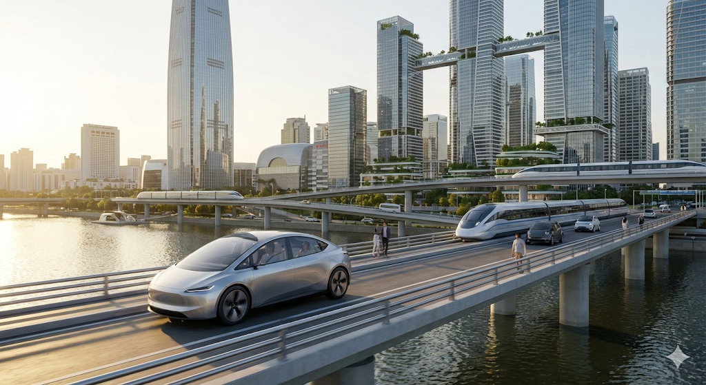 2026년 서울 한강 다리를 자율주행으로 건너는 테슬라 사이버캡 로보택시와 미래 도시 전경