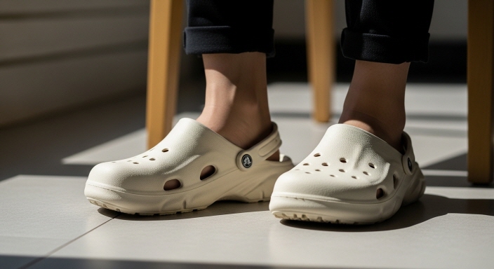 샌들 스타일의 크록스를 신은 발을 바닥에서 클로즈업 촬영한 모습