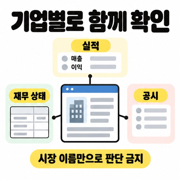 중앙 기업 정보 화면에 실적과 재무 상태, 공시 자료를 연결하고 시장 이름만으로 판단 금지라고 안내한 그림