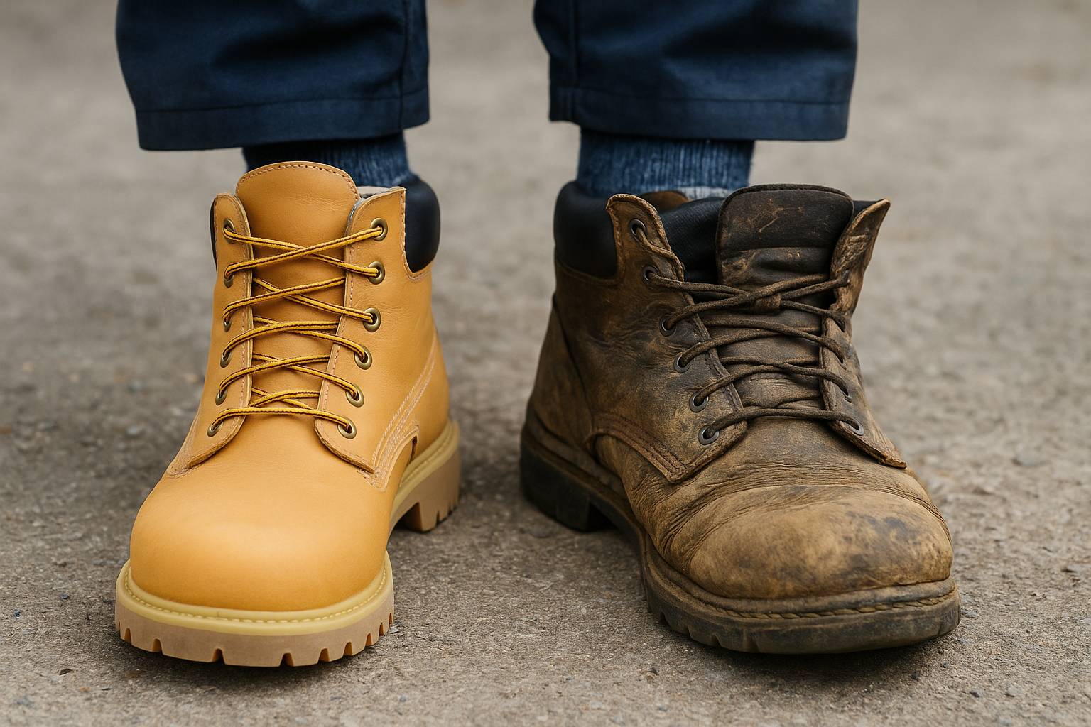 2025년, 새 안전화와 낡은 안전화를 나란히 비교한 작업자 발 이미지