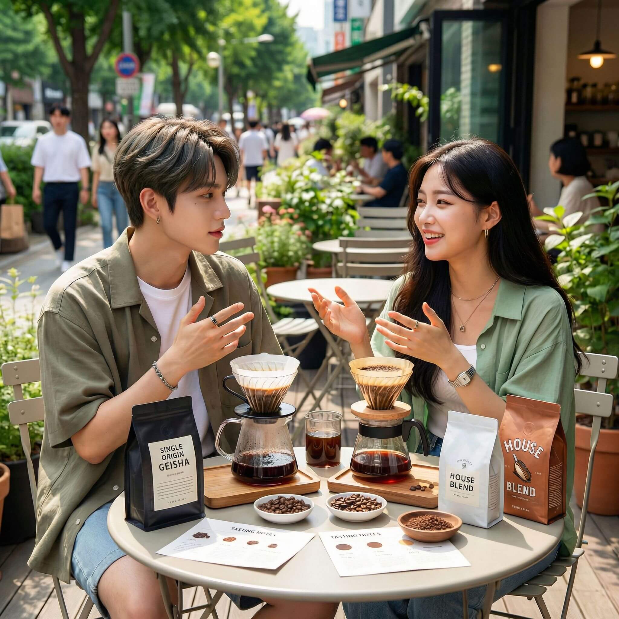 원두에 대해서 토론하고있는 여자와 남자