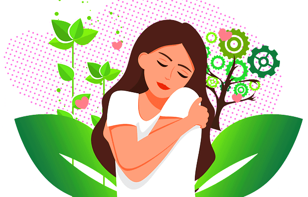 긴 갈색머리 여자가 자신을 감싸안고 만족해하고 있다. 그리고 옆에는 초록나무가 자란다.