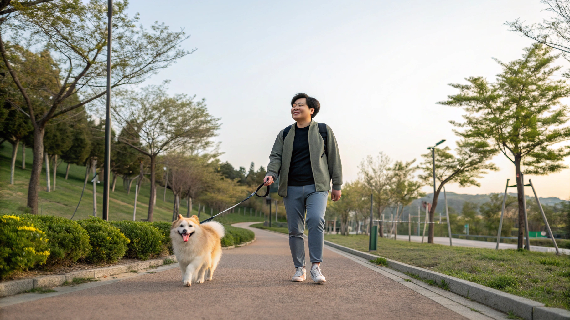 강아지와 견주가 올바른 산책 매너를 보여주는 모습
