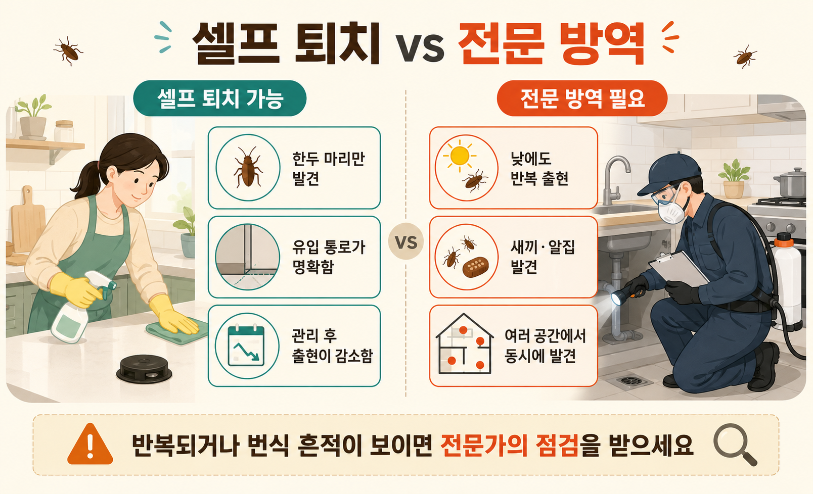 바퀴벌레 셀프 퇴치와 전문 방역이 필요한 상황을 비교한 이미지