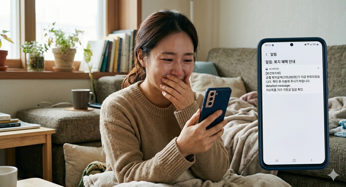 스마트폰 화면에 복지 알림 메시지가 떠 있는 모습과 안도하는 표정의 인물